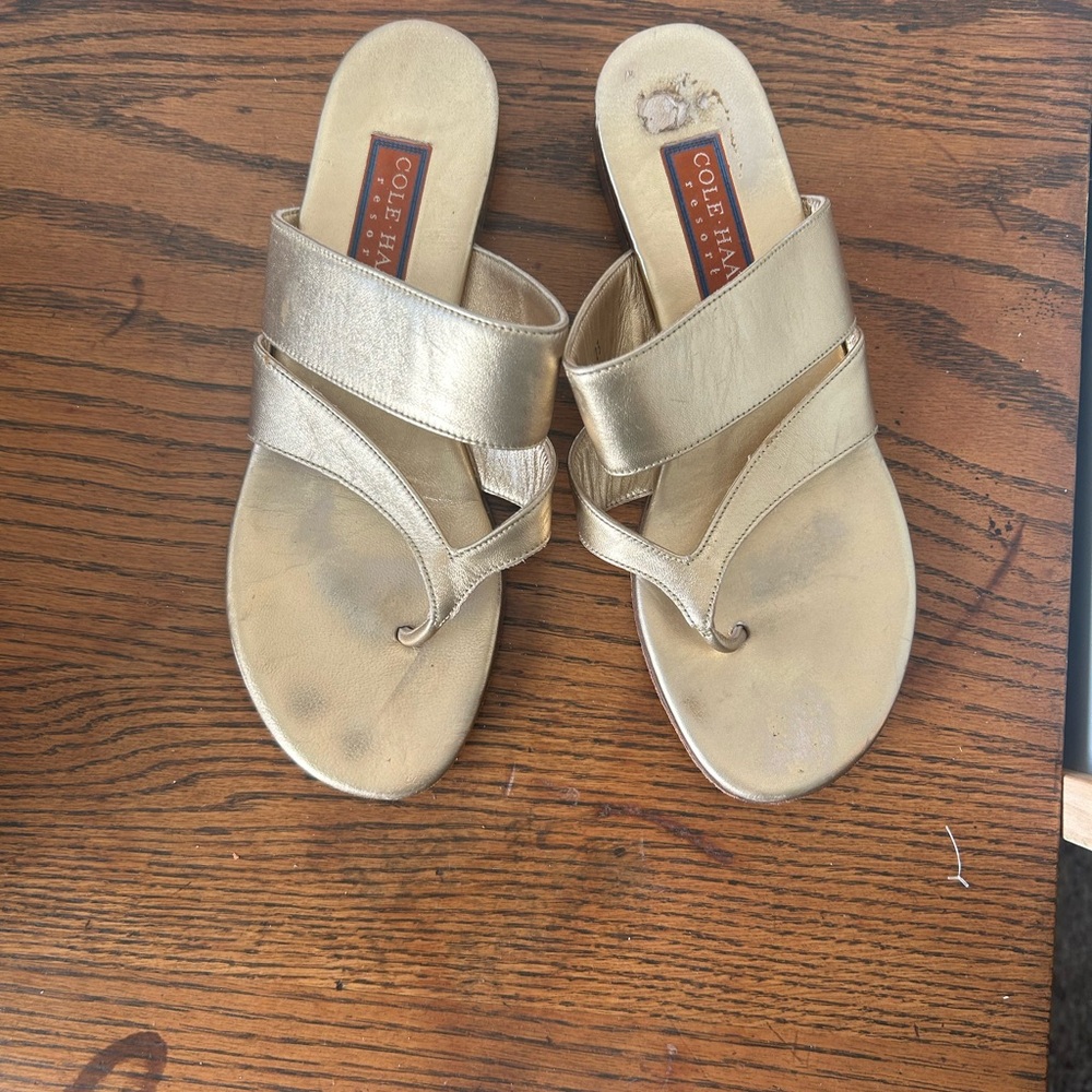 Cole Haan leather gold sandals pretty flat shoes 9.5